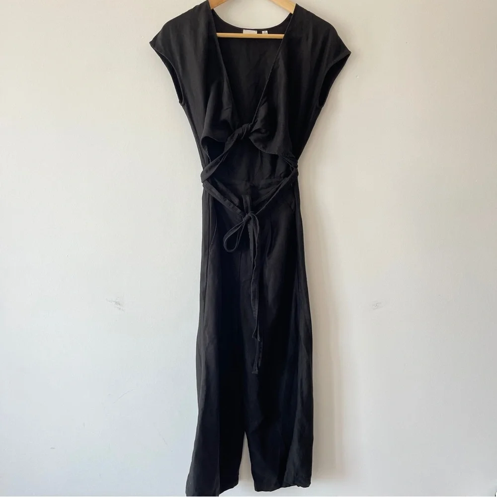 Aritzia Black Sleeveless Jumpsuit linen wide leg wrap top office casual neutral
